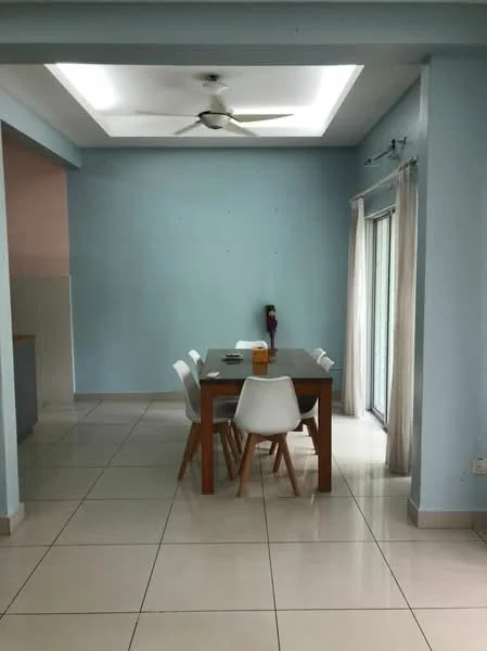 Dining features: rectangular wooden dining table, 4 white plastic dining chairs, light grey painted walls, white ceiling with recessed lighting, sliding glass door, floor-to-ceiling windows, ceramic tile flooring, ceiling fan; style: modern. Kitchen features: open layout to dining area.
