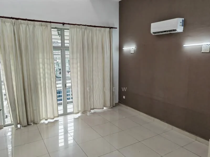 Living features: cream painted walls, brown accent wall, glossy tile flooring, floor-to-ceiling windows, sheer curtains, 1 wall-mounted split AC, recessed LED downlights, wall-mounted light fixtures; style: modern; view: city.