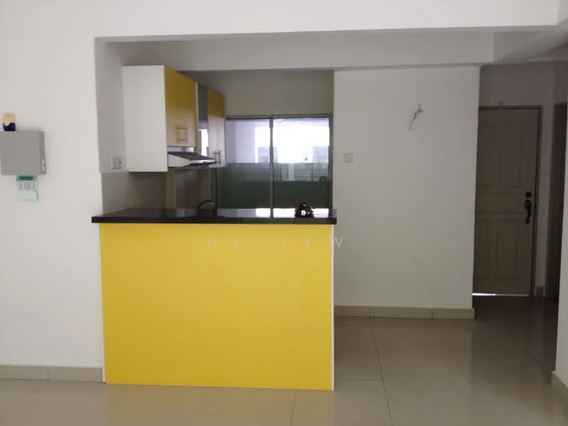 Kitchen features: yellow cabinetry, black countertop, stainless-steel sink, built-in oven, ceramic tile flooring, wall-mounted kitchen cabinets, glass window, open layout; style: modern. Room features: white painted walls, doorway, neutral flooring.