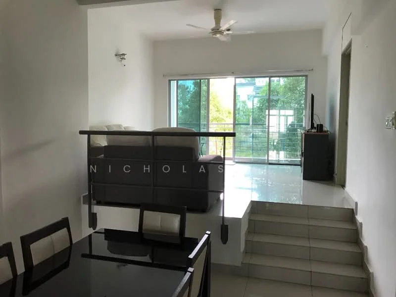 Living features: white painted walls, tile flooring, 5-blade ceiling fan, sofa in light grey, floor-to-ceiling sliding glass door, TV console, wall-mounted TV, natural light from large window, open layout to dining area; style: modern; view: garden. Dining features: black dining table, 4 dining chairs, tile flooring, white painted walls; style: modern.