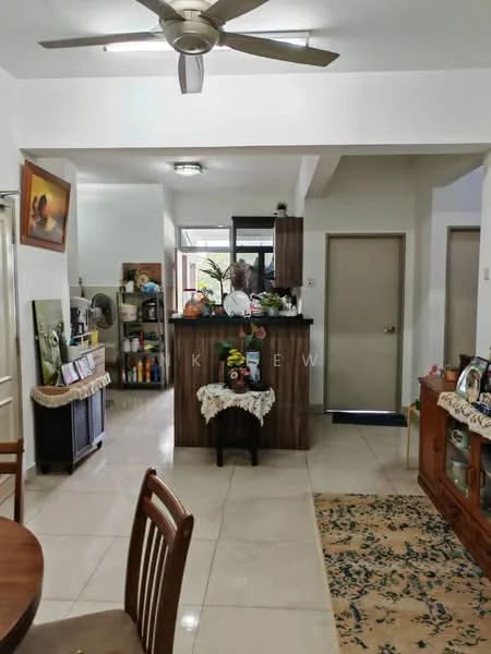 Living features: dining table with wooden chairs, ceiling fan, cream tiled flooring, wooden sideboard, decorative wall art, area rug with floral pattern, open layout to kitchen, large window with natural light, wall-mounted decor, wooden cabinet, neutral wall color; style: contemporary. Kitchen features: kitchen island with bar stools, wood cabinetry, countertop, sink, stainless-steel appliances, open shelving, window above sink; style: contemporary.