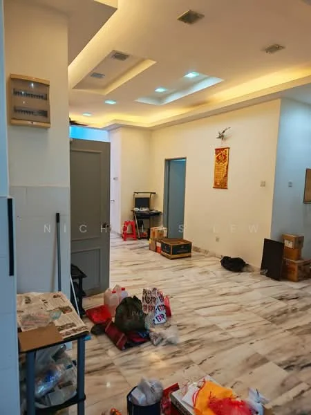 Room features: marble flooring, white painted walls, recessed ceiling lights, ceiling with cove lighting, multiple doorways, boxes and bags on the floor, newspaper on the floor, decorative wall hanging; style: modern.
