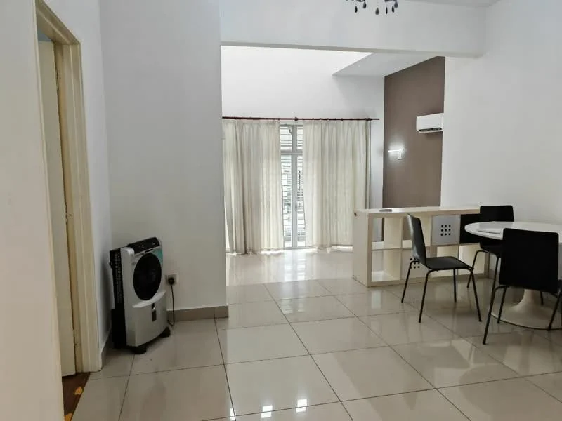 Room features: white painted walls, cream tiled flooring, recessed downlights, floor-to-ceiling windows, sheer curtains, air conditioning unit, dining table, black dining chairs, freestanding air purifier, open layout; style: modern.