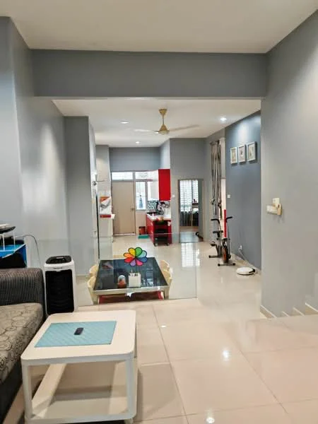 Living features: grey fabric sofa, white coffee table, glass coffee table, wall-mounted TV, ceiling fan, recessed lighting, white tiled flooring, light grey painted walls; style: modern. Kitchen features: red cabinetry, white countertops, stainless-steel appliances, open layout, window for natural light; style: modern.