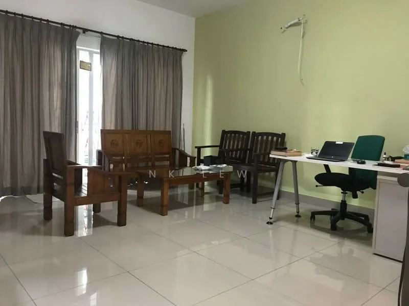 Living features: cream painted walls, white ceiling, glossy tile flooring, two wooden armchairs, one wooden sofa, glass-top coffee table, desk with computer, green office chair, curtains, sliding glass door, wall-mounted power outlet; style: modern.