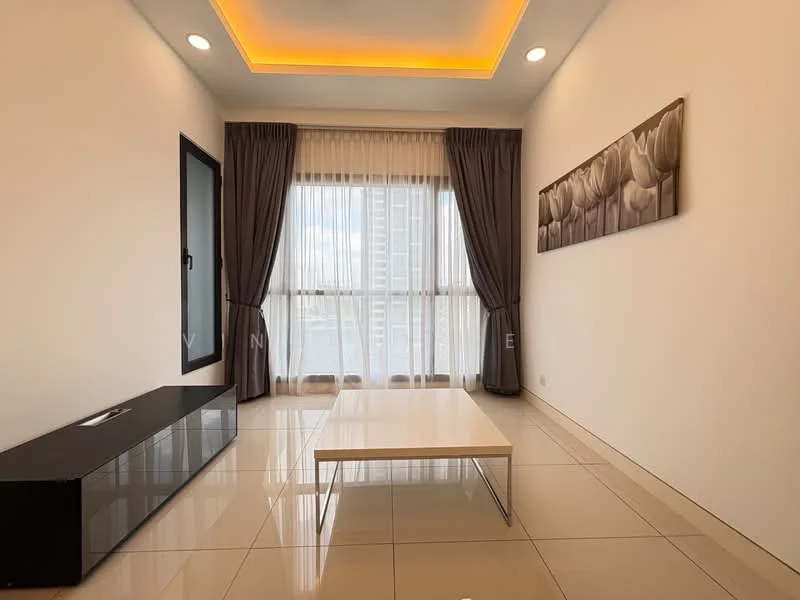 Living features: white painted walls, cream ceiling with recessed lighting, floor-to-ceiling windows, sheer curtains, dark wood TV console, white coffee table, glossy tile flooring, decorative wall art with floral pattern, crown moulding, LED strip lighting; style: modern; view: city.
