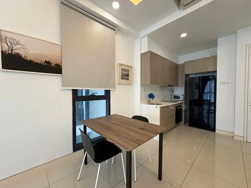 Dining features: dining table with wooden top, 2 black dining chairs, grey roller blinds, white walls, tile flooring, recessed downlights, framed artwork on wall, kitchen area visible in background, built-in kitchen cabinetry, stainless-steel appliances; style: modern.