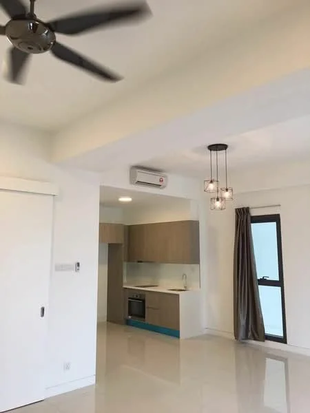 Living features: white painted walls, polished ceramic tile flooring, 5-blade ceiling fan, recessed downlights, pendant light fixture, floor-to-ceiling window, grey curtains, kitchen area with wooden cabinetry, built-in oven, stainless-steel sink, countertop with backsplash; style: modern.