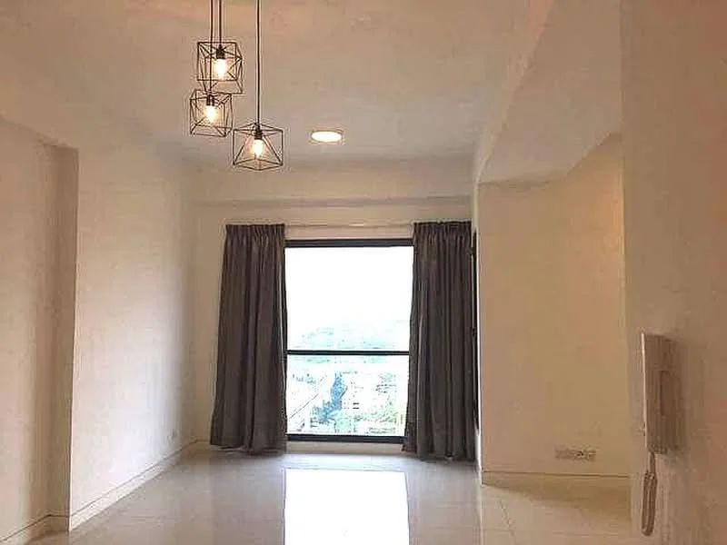 Living features: white painted walls, glossy tile flooring, floor-to-ceiling windows, grey curtains, 3 pendant lights with geometric design, recessed ceiling lights, city view, intercom panel; style: modern; view: city.