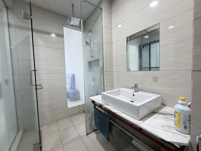 Bathroom features: glass shower enclosure, rain shower head, handheld shower, white rectangular vessel sink, chrome basin mixer faucet, marble countertop, wall-mounted mirror, light beige tiled walls, light beige floor tiles, towel rack, built-in shelving, shower niche; style: modern.