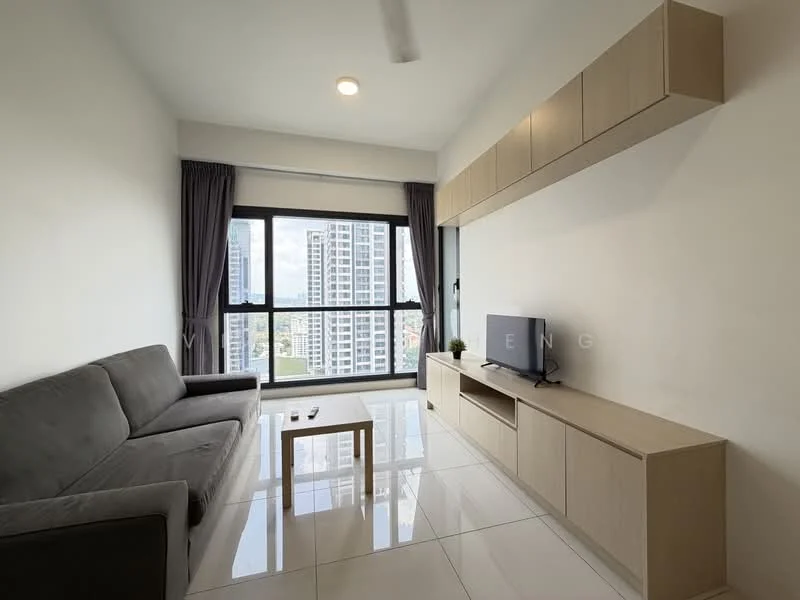 Living features: grey fabric 3-seater sofa, white coffee table, light wood TV console, wall-mounted TV, floor-to-ceiling windows, curtains, recessed ceiling lights, white tiled flooring; style: modern; view: city.