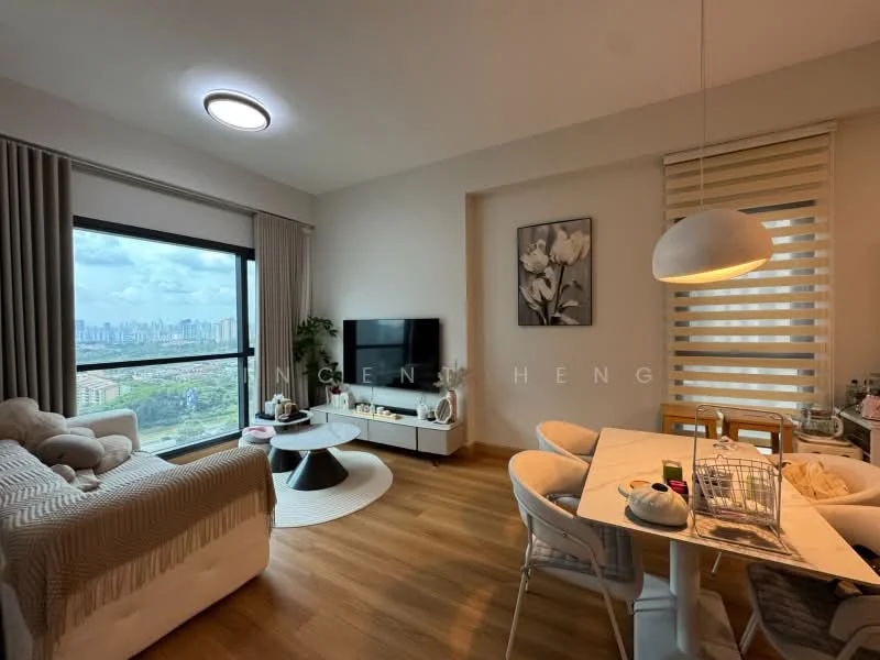 Living features: floor-to-ceiling windows, city view, light wood flooring, white walls, recessed ceiling lights, wall-mounted TV, white TV console, round coffee table, 3-seater fabric sofa in light grey, decorative throw pillows, area rug with geometric pattern, pendant lamp, dining table for 4, upholstered dining chairs, decorative wall art; style: modern; view: city.