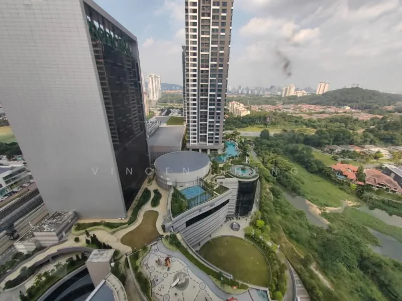 Exterior type: high-rise condominium; features: glass curtain wall, green landscaping, swimming pool deck, children's playground, manicured lawn, outdoor seating areas, water features, surrounded by greenery, city skyline in background; style: modern.