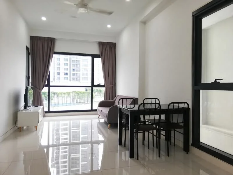 Living features: white painted walls, glossy tile flooring, 5-blade ceiling fan with light, floor-to-ceiling windows, curtains in light brown, sofa in grey, 4-seater dining table with black chairs, TV console, wall-mounted TV; style: modern; view: pool.