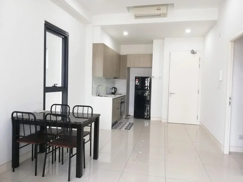 Kitchen features: white painted walls, glossy tile flooring, wood cabinetry, stainless-steel sink, chrome pull-down faucet, built-in oven, freestanding range oven, black refrigerator, kitchen island, 4-burner gas hob, white backsplash, recessed LED downlights; style: modern. Dining features: 4-seater dining table, black metal chairs; style: modern.