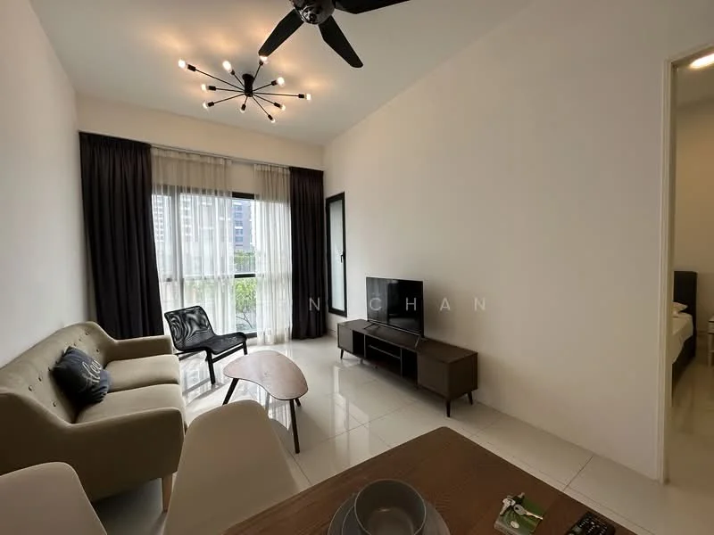 Living features: 3-seater fabric sofa in light beige, black accent chair, wooden coffee table, TV console, wall-mounted TV, floor-to-ceiling windows, sheer curtains, black ceiling fan with light, recessed downlights, white painted walls, glossy tile flooring; style: modern; view: city.