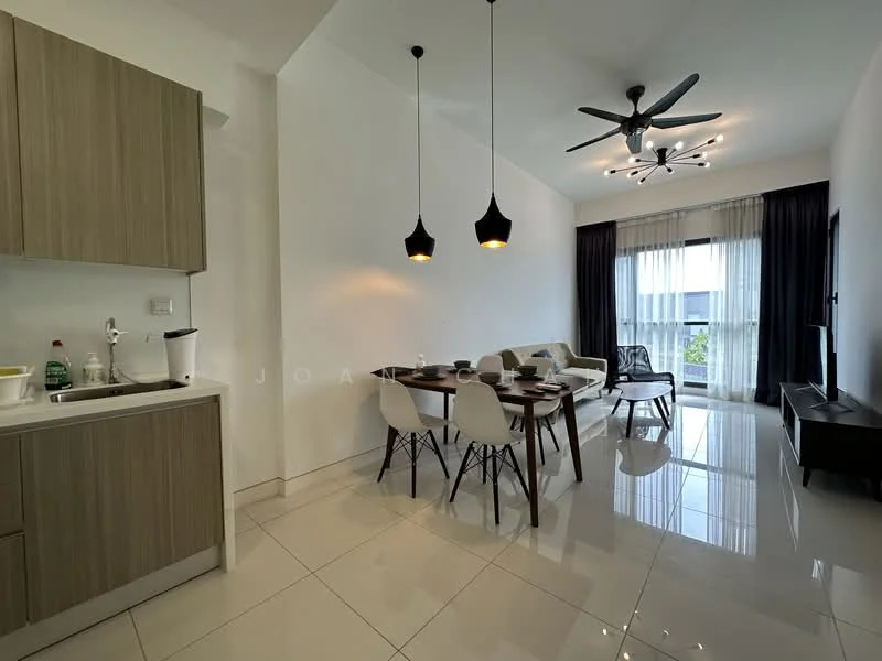 Kitchen features: wood cabinetry, stainless-steel sink, chrome pull-down faucet, built-in oven, ceramic tile flooring; style: modern. Dining features: 6-seater dining table, upholstered dining chairs, pendant lighting, ceiling fan with light, floor-to-ceiling windows, white walls, polished tile flooring; style: modern.