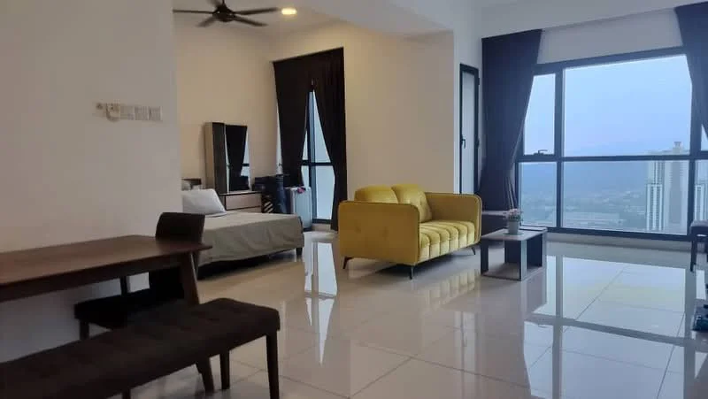 Living features: yellow fabric sofa, coffee table, floor-to-ceiling windows, city view, white painted walls, polished tile flooring, ceiling fan, black curtains, wooden dining table, black upholstered bench; style: modern; view: city. Bedroom features: queen-size bed, bedside table, black curtains, dressing table with mirror; style: modern; view: city.