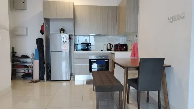 Kitchen features: light wood cabinetry, white countertop, stainless-steel fridge, built-in oven, microwave, black kettle, toaster, 2-burner electric hob, single-bowl stainless-steel sink, chrome pull-down faucet, dining table with 2 chairs, bench seating, white tiled flooring, wall-mounted split AC; style: modern.