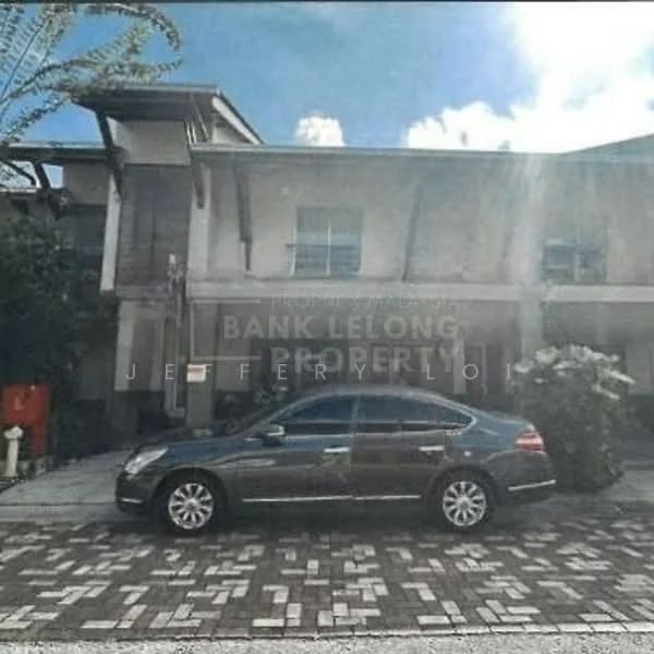 Exterior type: semi-detached house; features: two-storey structure, cream painted facade, flat roof, paved driveway, landscaped garden, mature trees, visible car parked, front porch area; style: modern.