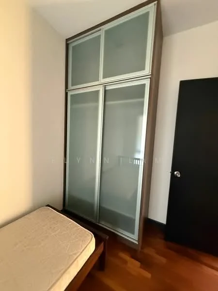 Bedroom features: wooden flooring, built-in wardrobe with glass doors, neutral wall color, single bed frame, empty mattress, door to hallway; style: modern.