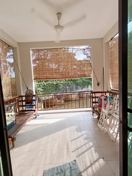 Room features: ceiling fan, bamboo blinds, tile flooring, large windows, wooden railing, outdoor seating area, natural light, view of greenery; style: modern; view: garden.