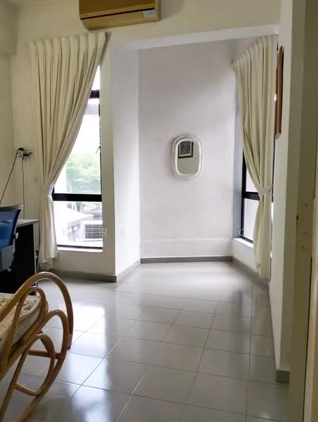 Room features: white painted walls, glossy tile flooring, floor-to-ceiling windows, sheer curtains, mirror on wall, air conditioning unit, corner space with natural light; style: modern; view: garden.