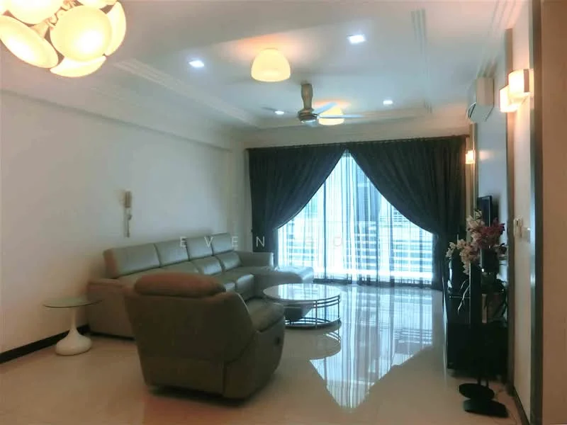 Living features: 3-seater leather sofa in beige, coffee table with glass top, wall-mounted TV, floor-to-ceiling windows, sheer curtains, blackout curtains, 5-blade ceiling fan with light, recessed downlights, polished marble flooring, decorative wall art, potted plants, crown moulding on ceiling; style: modern; view: city.