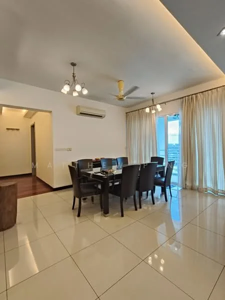 Dining features: 6-seater dining table, black dining chairs, pendant lighting, recessed downlights, floor-to-ceiling windows, curtains, air conditioning unit, glossy tile flooring; style: modern; view: city.