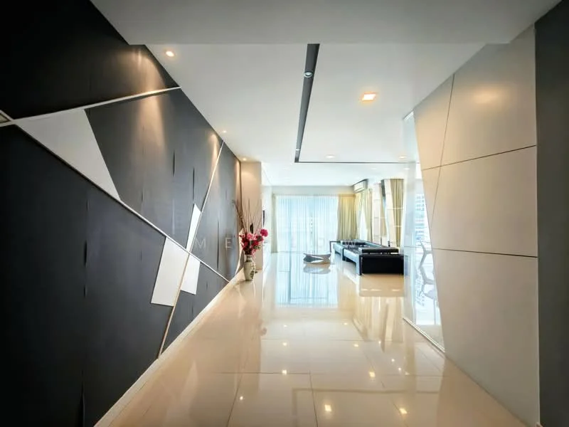 Room features: black accent wall with geometric design, white walls, glossy tile flooring, recessed downlights, large windows with sheer curtains, decorative plants, open layout, modern design elements; style: modern; view: city.