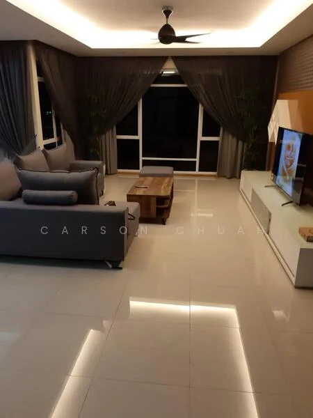 Living features: grey fabric L-shape sectional sofa, wooden coffee table, TV console, wall-mounted TV, floor-to-ceiling windows, sheer curtains, dark grey drapes, recessed LED downlights, polished tile flooring, decorative indoor plants, accent wall with textured finish, ceiling fan; style: modern.