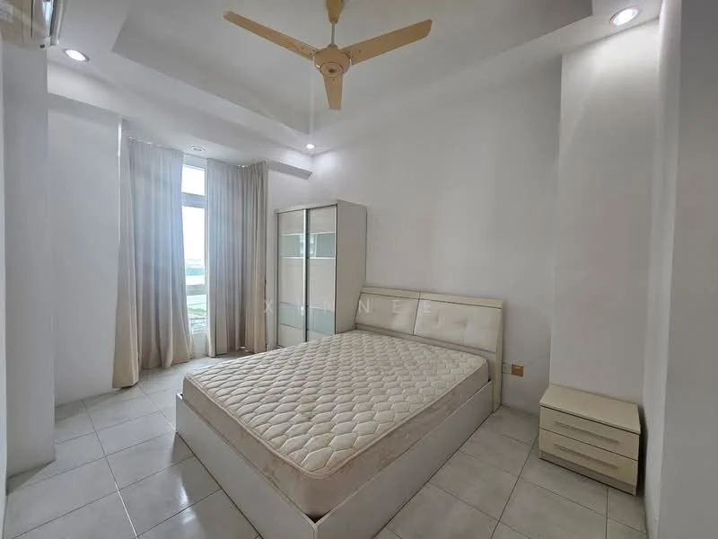 Bedroom features: queen-size bed, upholstered headboard, 2 bedside tables, floor-to-ceiling window, sheer curtains, ceiling fan, white painted walls, tile flooring, built-in wardrobe with glass doors, natural light, view of the city; style: modern; view: city.