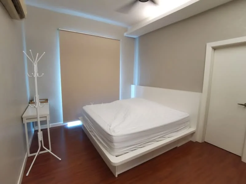 Bedroom features: laminate flooring, white painted walls, ceiling fan, queen-size bed frame without mattress, white bedside table, coat rack, roller blinds, door to hallway; style: modern.