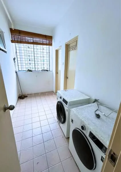 Laundry features: two front-load washing machines, white cabinetry, window with blinds, tiled flooring, light-colored walls, doorway to adjacent rooms, utility sink, floor-to-ceiling window.