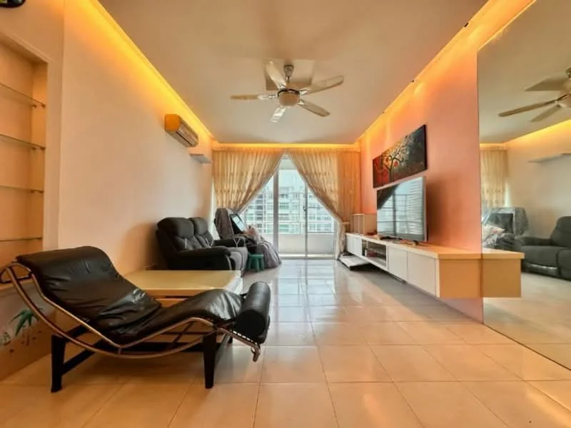 Living features: floor-to-ceiling windows, sliding glass door, beige curtains, 5-blade ceiling fan with light, recessed LED downlights, wall-mounted TV, white TV console, black leather recliner chair, black leather sofa, coffee table, cream tiled flooring, decorative wall art, mirrored wall; style: modern; view: city.