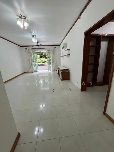 Living features: white painted walls, glossy ceramic tile flooring, ceiling fan, recessed downlights, sliding glass door, floor-to-ceiling windows, curtains, built-in shelving unit, wall-mounted air conditioning unit; style: modern; view: garden.