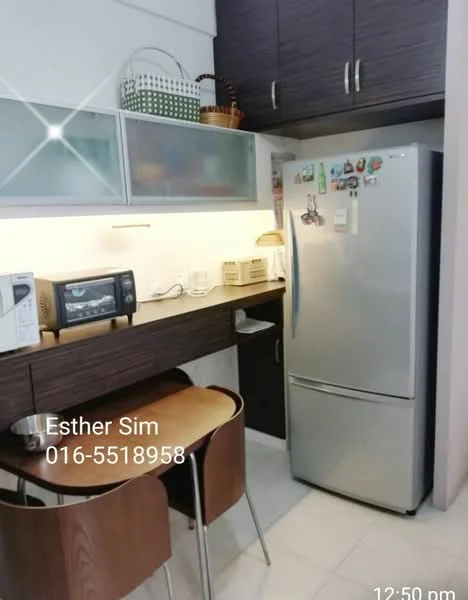 Kitchen features: stainless-steel fridge, microwave, built-in cabinetry in dark wood, white countertop, under-cabinet lighting, two wooden dining chairs, small dining table, ceramic tile flooring, glass-front upper cabinets, basket for storage, decorative items on countertop; style: modern.