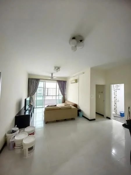 Living features: white painted walls, polished tile flooring, 5-blade ceiling fan with light, sofa in beige, TV console, wall-mounted TV, floor-to-ceiling windows, sheer curtains, sliding glass door, decorative mirror, area rug, buckets, air conditioning unit; style: modern; view: city. Room features: white painted walls, polished tile flooring, doorway leading to another room.