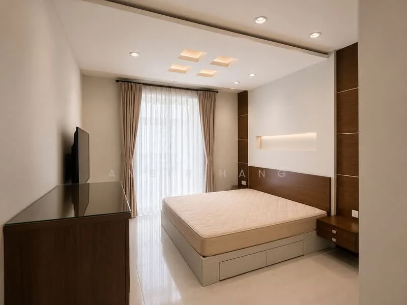 Bedroom features: queen-size bed base, wooden bedside table, wall-mounted TV, white painted walls, light-colored flooring, floor-to-ceiling windows, sheer curtains, recessed ceiling lights, wood panel accent wall; style: modern.