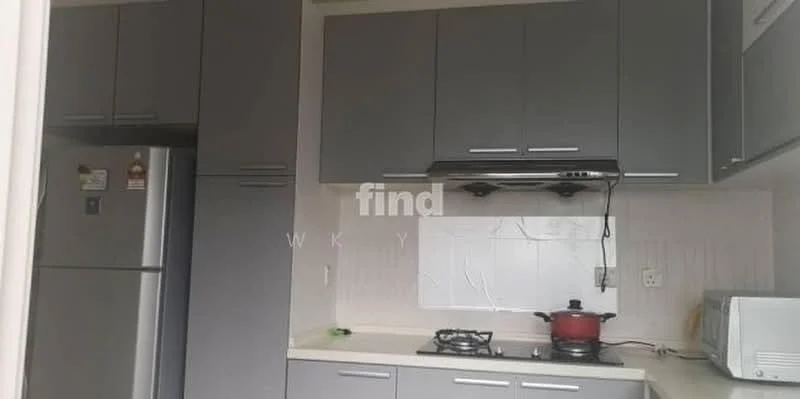 Kitchen features: grey cabinetry, white countertop, stainless-steel fridge, built-in gas stove, exhaust hood, white tiled backsplash, microwave, kettle; style: modern.