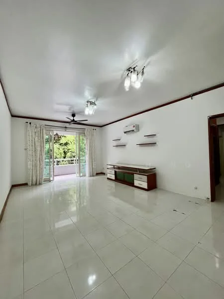 Living features: white painted walls, glossy ceramic tile flooring, 5-blade ceiling fan with light, recessed downlights, sliding glass door, floor-to-ceiling windows, curtains, built-in shelving unit with wood cabinetry, air conditioning unit; style: modern; view: garden.