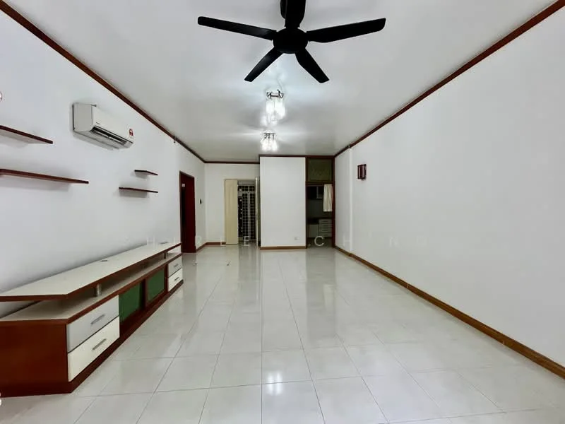 Living features: white painted walls, glossy ceramic tile flooring, 5-blade ceiling fan with light, wall-mounted air conditioning unit, built-in shelving unit with green and white cabinetry, recessed ceiling lights, door leading to kitchen area, neutral color scheme; style: modern.