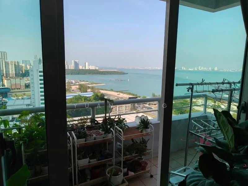 Room features: floor-to-ceiling windows, sliding glass door, balcony with railing, tile flooring, potted plants, city skyline view, sea view, outdoor drying rack; style: modern; view: sea.