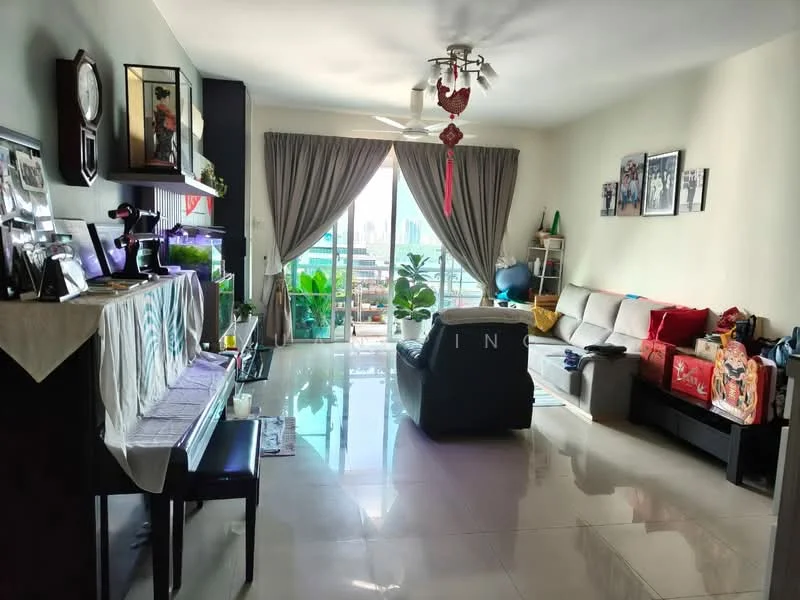 Living features: grey fabric sofa, black leather armchair, coffee table, TV console, wall-mounted TV, decorative wall clock, ceiling fan with light, large sliding glass door, curtains, potted plants, marble tile flooring, wall-mounted shelves, framed photographs, area rug; style: modern; view: city.