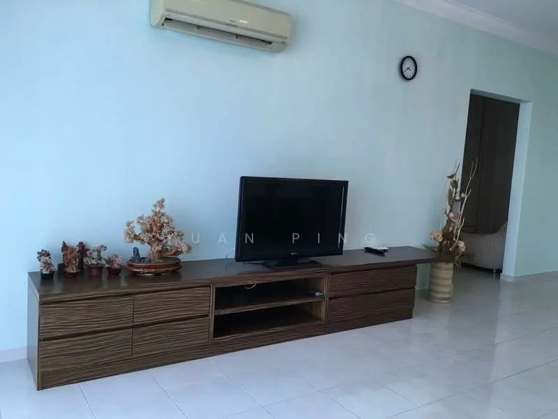 Living features: light blue painted walls, white ceiling, white tiled flooring, wall-mounted air conditioning unit, wooden TV console, flat-screen TV, decorative plants, wall clock, open doorway to another room; style: modern.