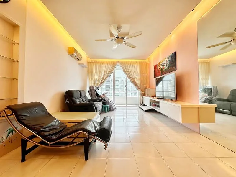 Living features: cream painted walls, white ceiling, recessed downlights, 5-blade ceiling fan, large floor-to-ceiling windows, sheer curtains, light-colored tiled flooring, black leather lounge chair, black leather sofa, white TV console, wall-mounted TV, decorative artwork on wall, glass coffee table, area rug; style: modern; view: city.