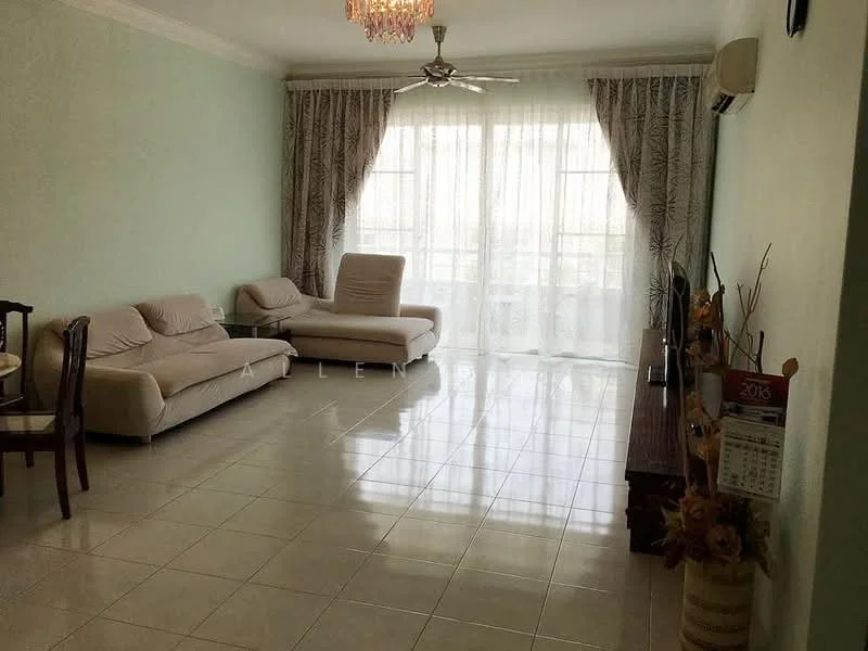 Living features: cream painted walls, white ceiling, marble tile flooring, 5-blade ceiling fan with light, chandelier, floor-to-ceiling windows, sheer curtains, beige fabric L-shape sectional sofa, single armchair, wooden coffee table, TV console, decorative vase with flowers; style: contemporary.