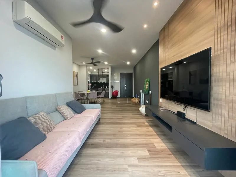 Living features: 3-seater fabric sofa in light grey, wooden flooring, wall-mounted TV, black TV console, recessed LED downlights, 5-blade ceiling fan, air conditioning unit, decorative wall paneling, open layout to dining area, large windows for natural light; style: modern.