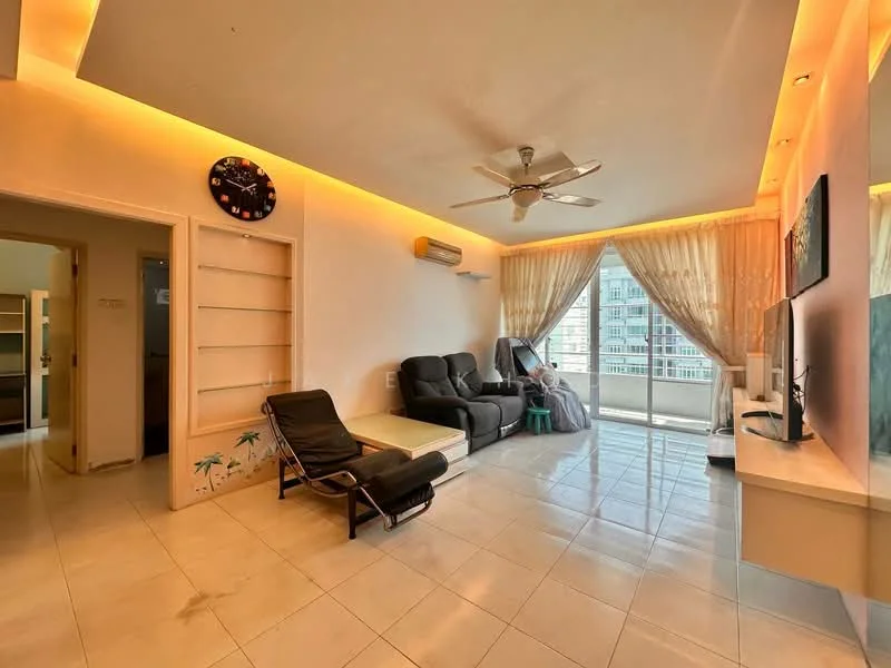 Living features: cream painted walls, white ceiling, 5-blade ceiling fan with light, floor-to-ceiling windows, sheer curtains, sliding glass door, tile flooring, black leather recliner sofa, single chaise lounge, wall-mounted TV, TV console, decorative wall clock, LED strip lighting; style: modern; view: city.