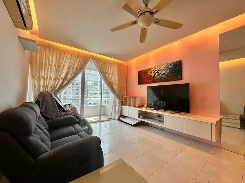Living features: 3-seater fabric sofa in grey, ceiling fan, wall-mounted TV, TV console in white, large window with sheer curtains, decorative wall art, recessed lighting, cream tiled flooring, light peach painted walls, crown moulding; style: modern; view: city.